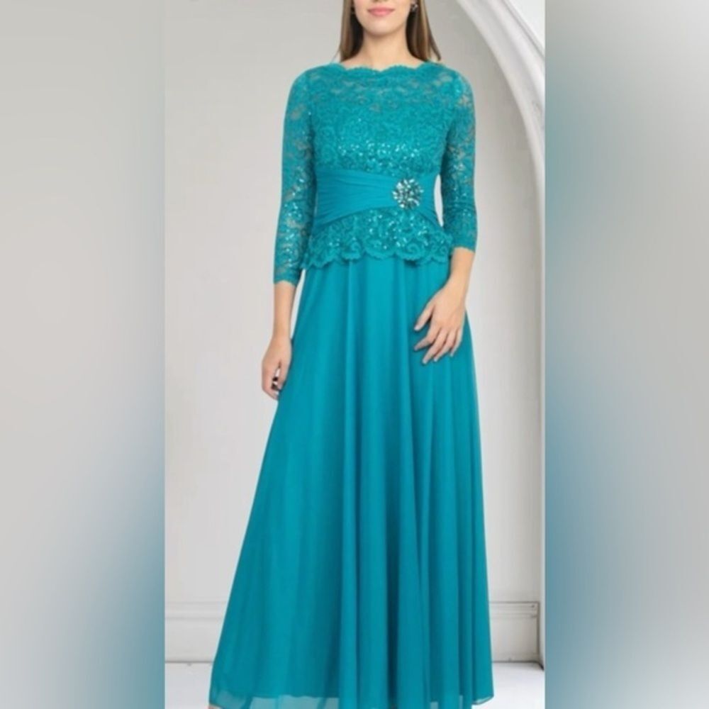 Marina  Jade Lace Evening Gown